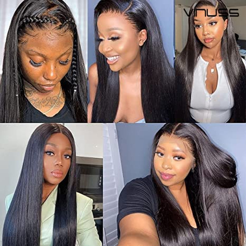 13X6 HD Transparent Lace Front Wigs Human Hair Wigs for Black Women, Glueless Human Hair Lace Front Wigs Pre Plucked Bleached Knots Straight 150% Density Brazilian Hair, Long Black Wigs 16Inch