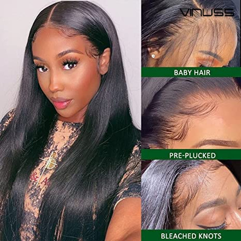 13X6 HD Transparent Lace Front Wigs Human Hair Wigs for Black Women, Glueless Human Hair Lace Front Wigs Pre Plucked Bleached Knots Straight 150% Density Brazilian Hair, Long Black Wigs 16Inch