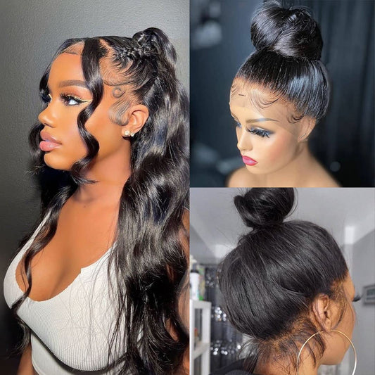 360 Lace Front Wigs Human Hair Wigs for Black Women, Glueless Human Hair Lace Front Wigs Pre Plucked Bleached Knots, Full Lace Human Hair Body Wave Brazilian Hair 150% Density Black, 24Inch