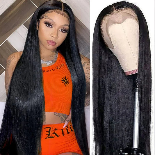 Brazilian Hair Wigs Straight 13X4 Lace Front Wigs Human Hair Lace Frontal Human Hair Wigs for Blak Women 180 Density Pre Plucked Remy Virgin Hair Natural Black Color 24 Inch